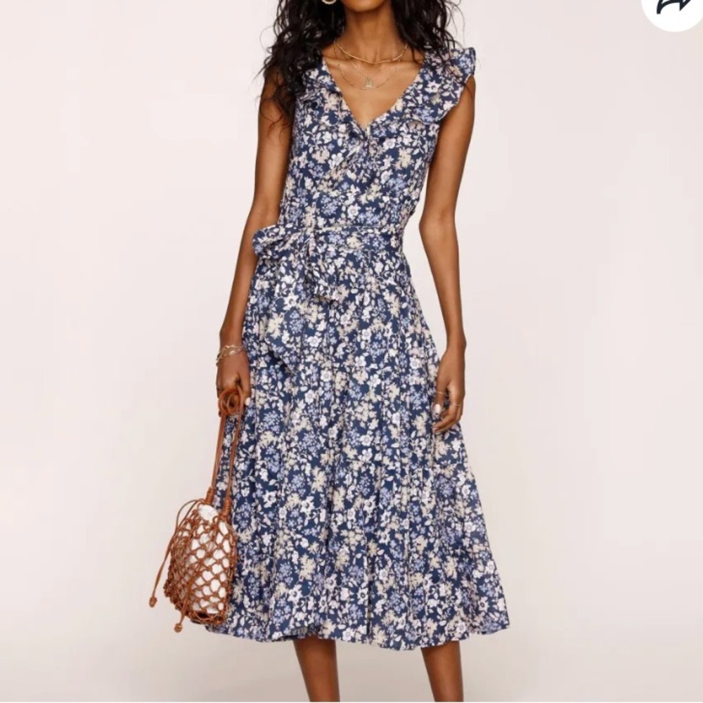 Heartloom Adela Indigo V-Neck Midi 100% Cotton Sundress | Sz S